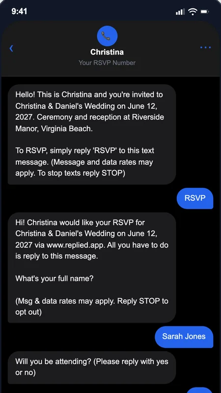 A text message invitation with the RSVP conversation