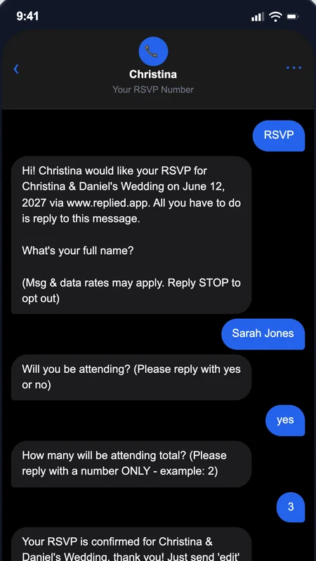A guest RSVPing by text message