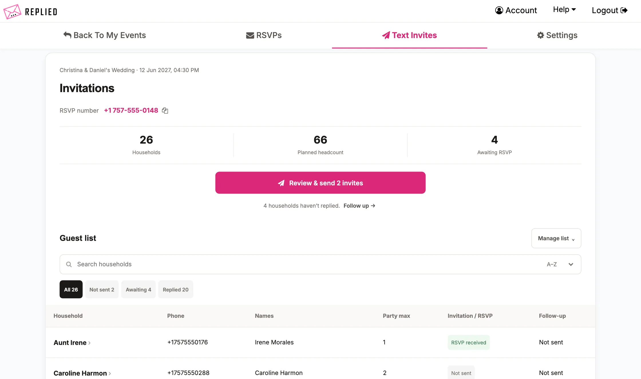 Replied text invitations page with the guest list and Review and send button