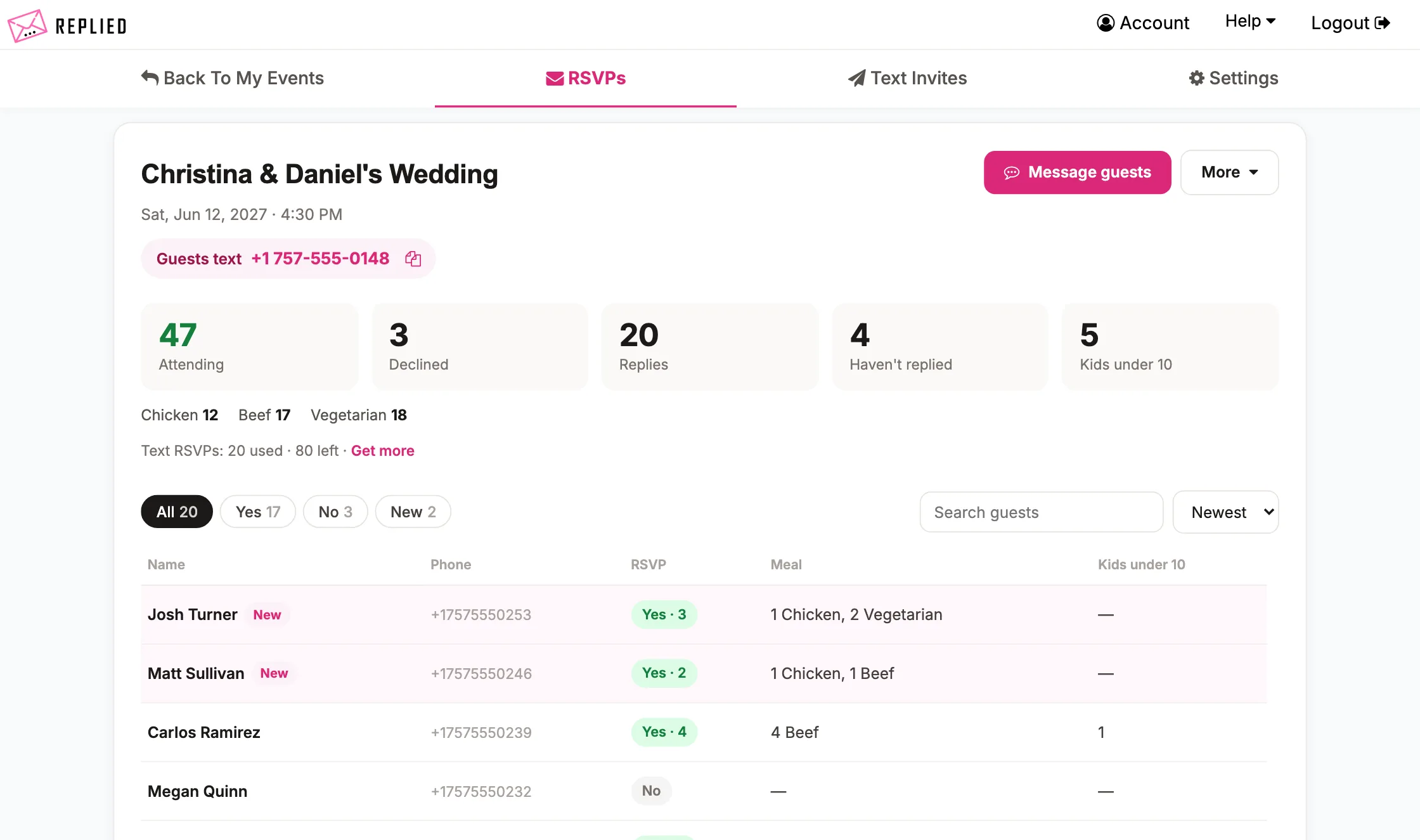 Replied RSVPs page showing attending, declined and meal counts above the guest list