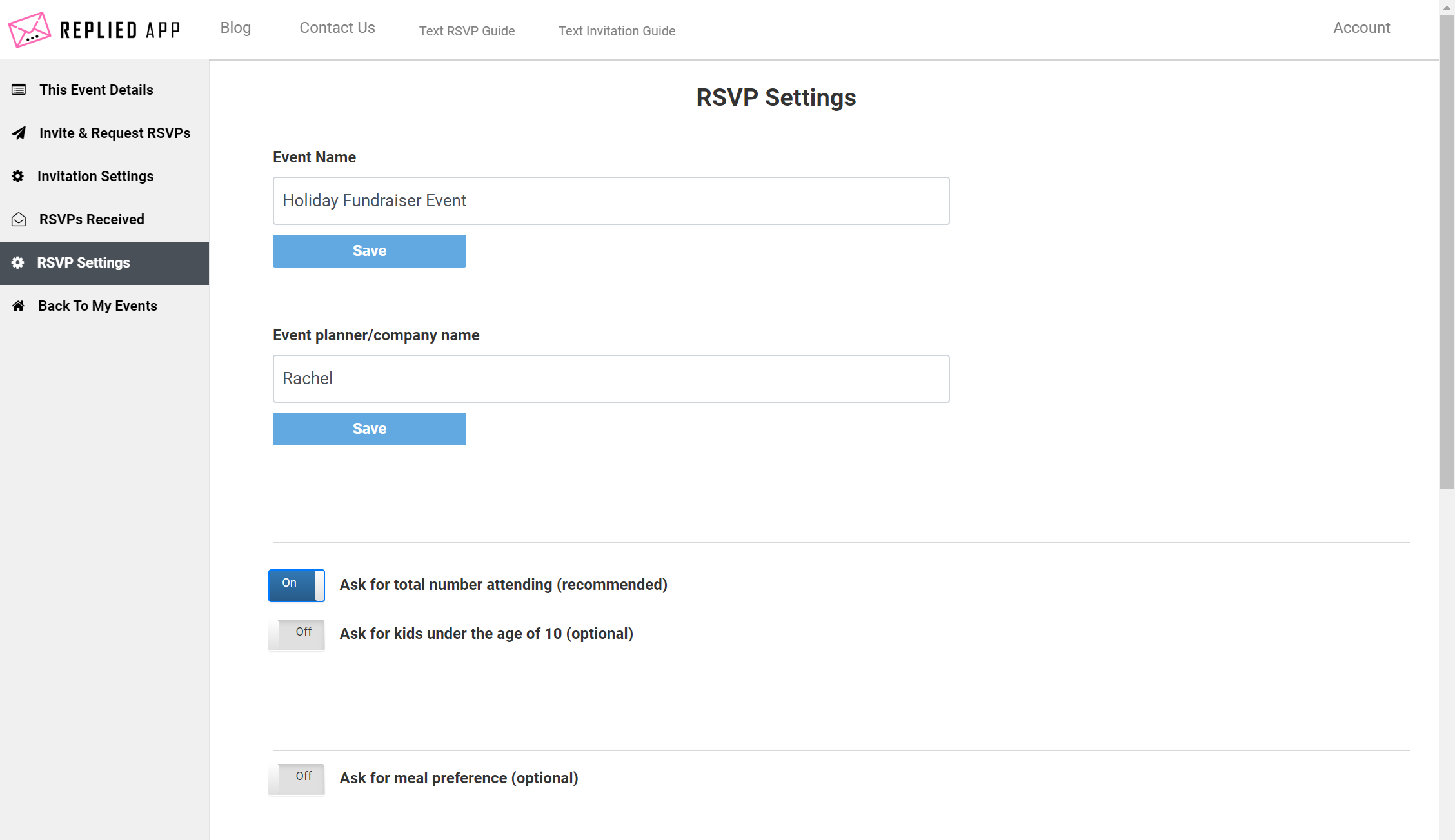 text message rsvp settings